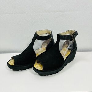 Fly London Wedge Sandal Womens Size 10 Black Yake Leather Boho Ankle Strap Shoe
